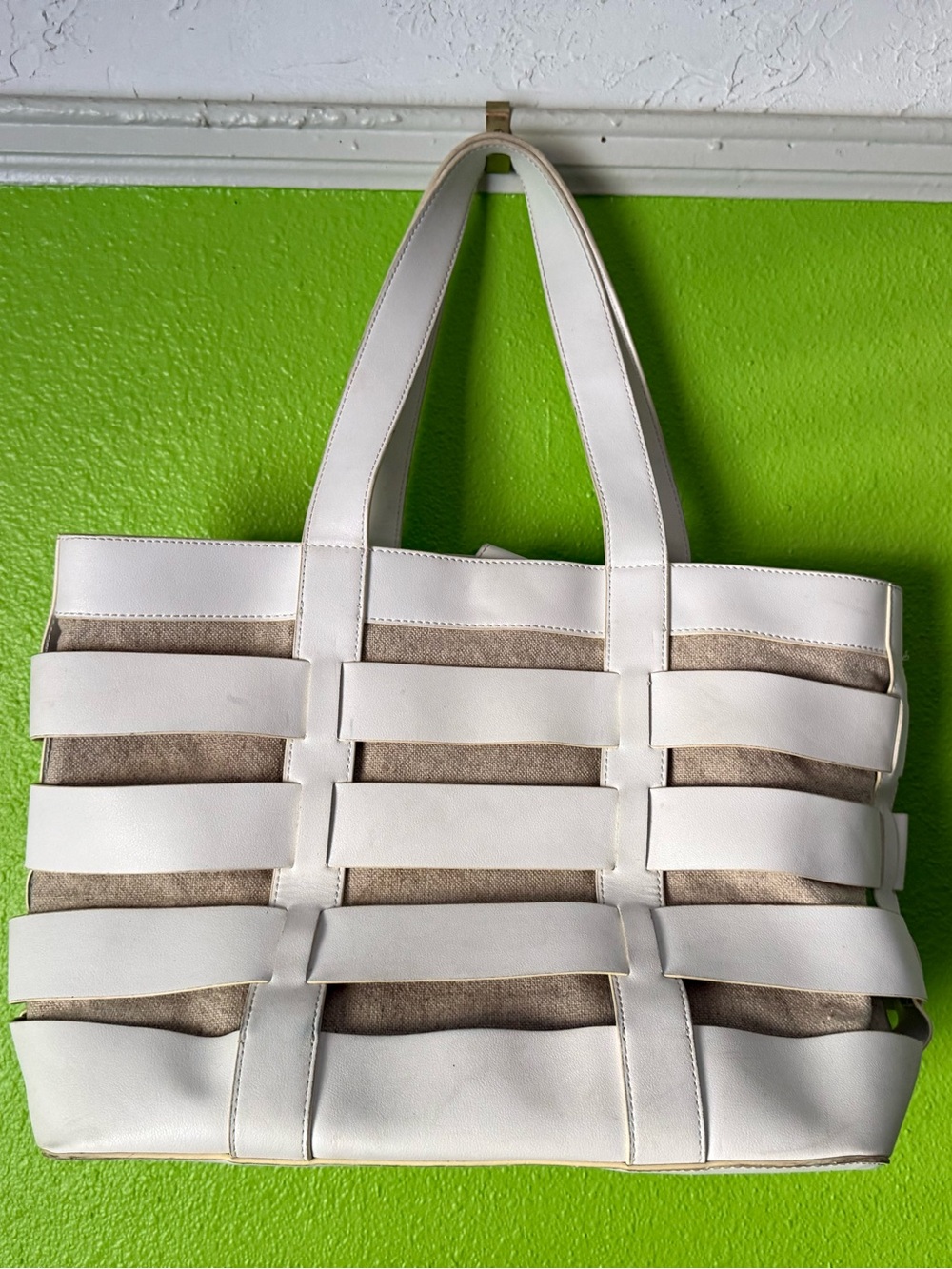 French Connection Lattice White and Beige Tote Bag
